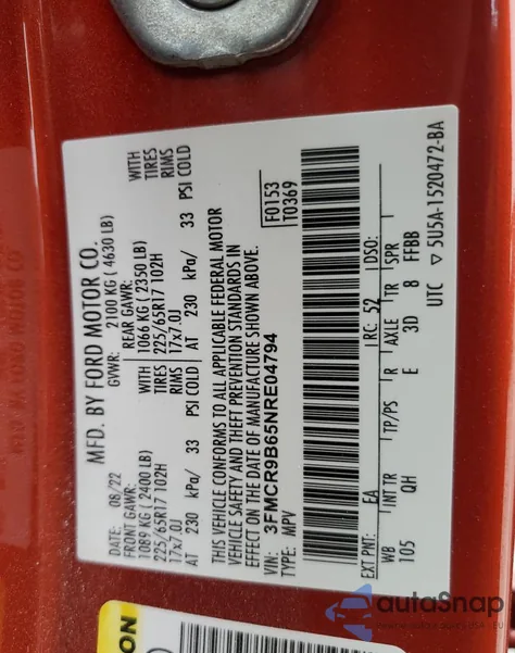 2022 Ford Bronco Sport Big Bend из США, поврежденный, VIN 3FMCR9B65NRE04794